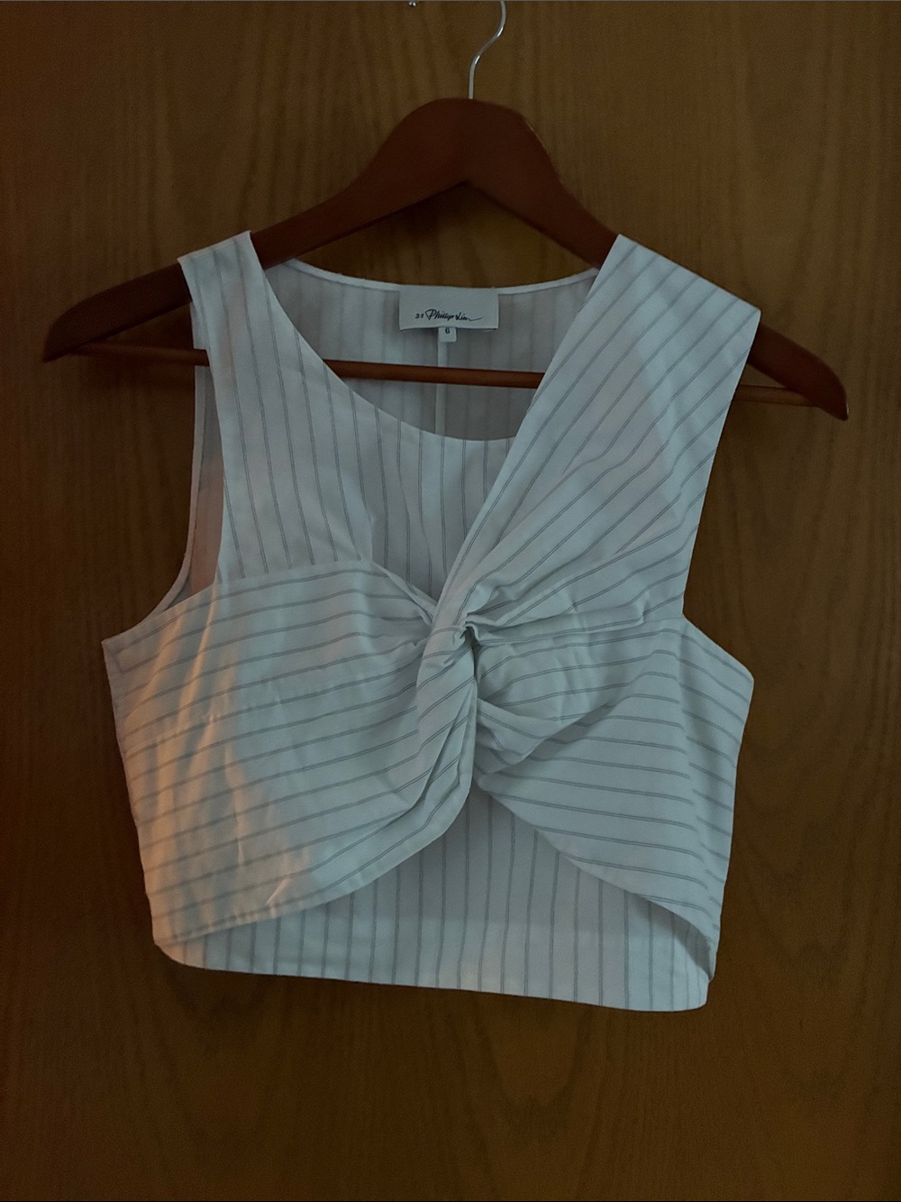 3.1 Phillip Lim Light Blue Pinstripe Twist-Front Crop Top